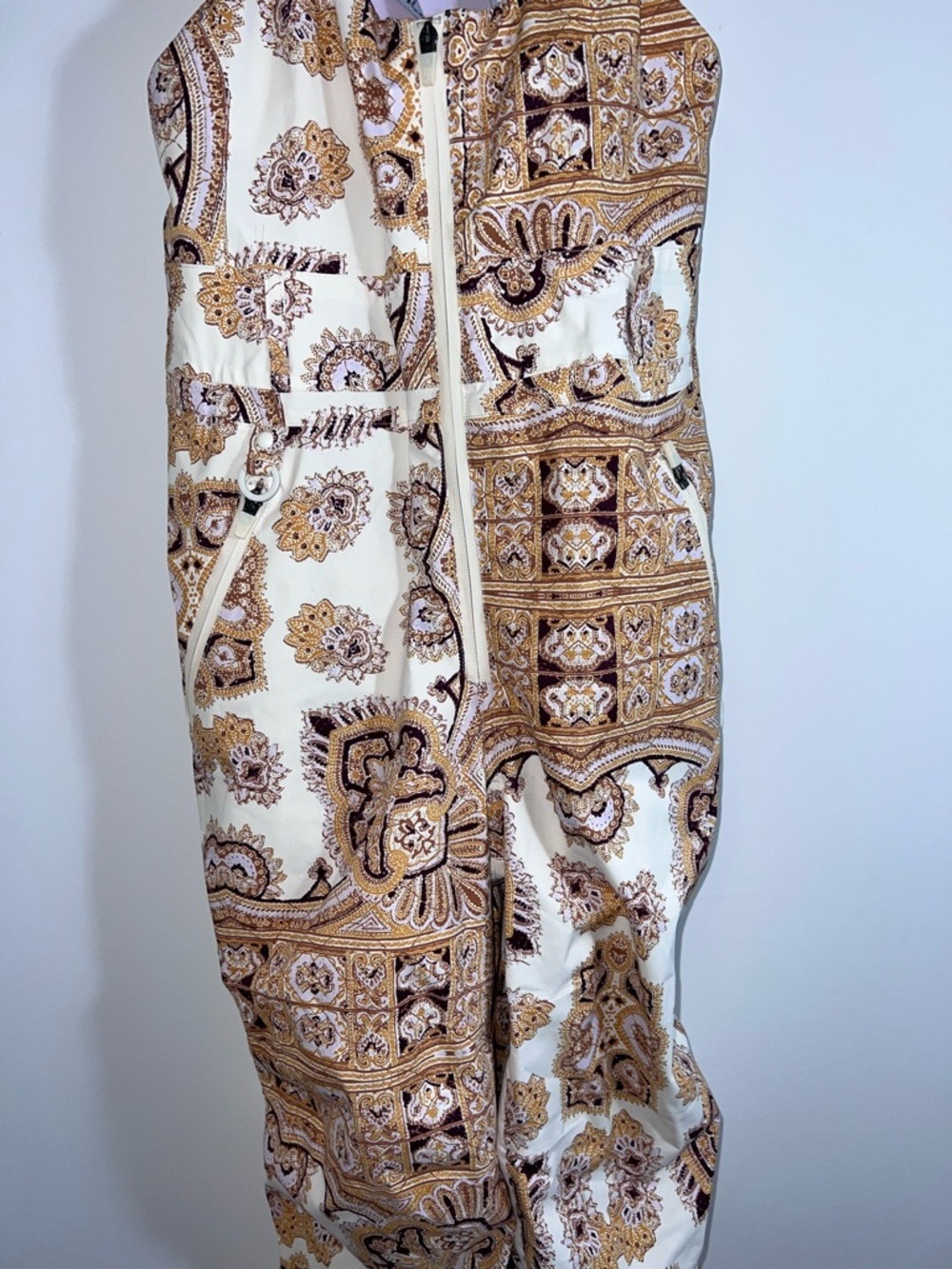 FP Movement by Free People Cream & Gold Paisley Zip-Front ski snow Overalls L - Picture 3 of 13